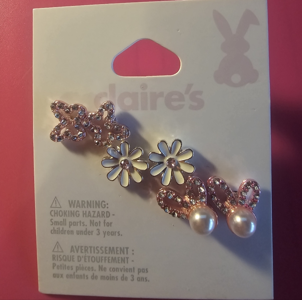 Claire's Pink Bunny & White Daisy Stud Earring Trio